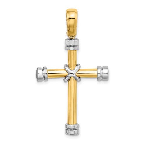 14k Two-Tone Gold Cross Pendant with Grooved Round Caps 1.25in