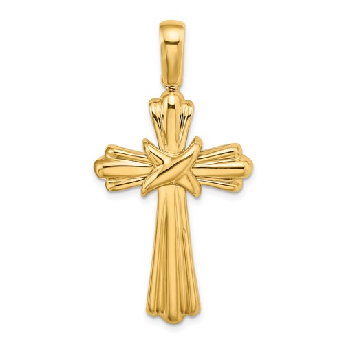 14k Yellow Gold Ribbed Cross Pendant with X Center 1.25in