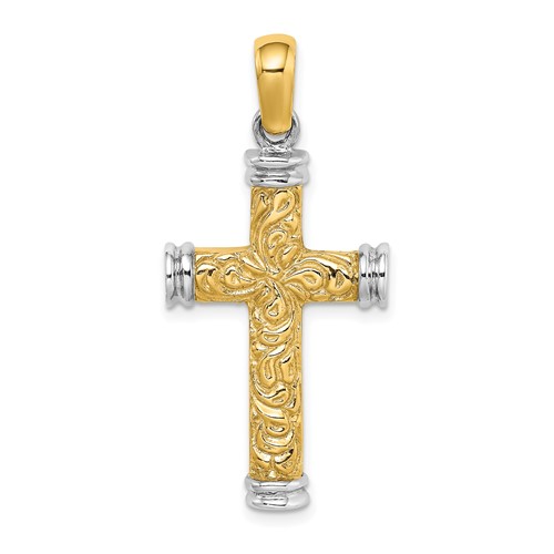 14k Yellow Gold Rhodium Scroll Cross Pendant With Double Endcaps 1.25in