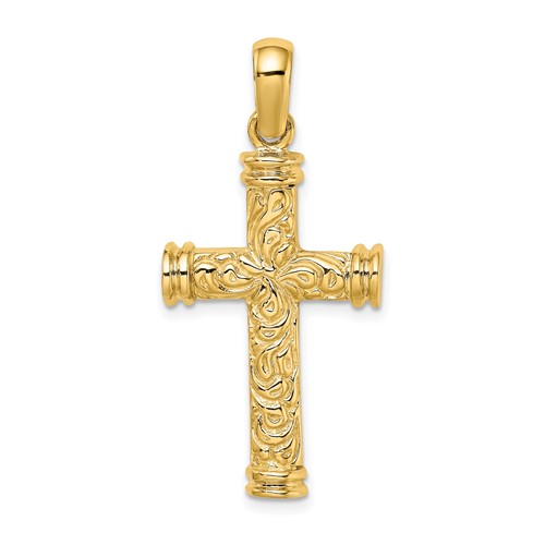 14k Yellow Gold Scroll Cross Pendant With Double Endcaps 1.25in