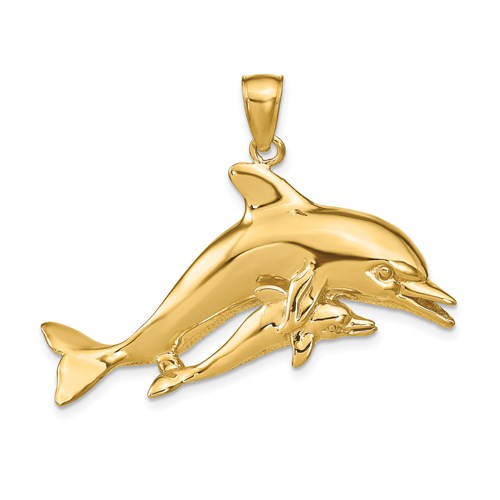 14k Yellow Gold Mother and Baby Dolphin Pendant 7/8in