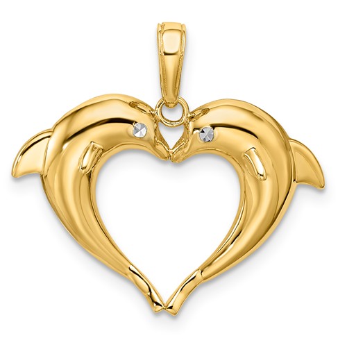 14k Yellow Gold Double Dolphin Heart Pendant with Rhodium Eyes