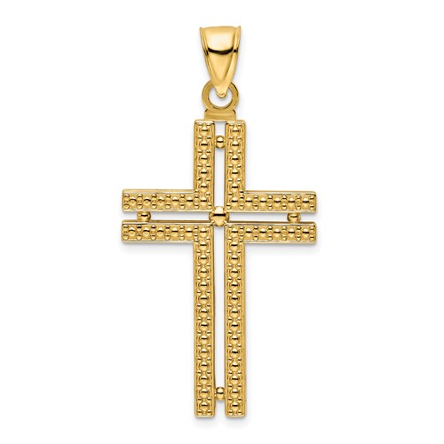 14k Yellow Gold Beaded and Polished Cut-out Cross Pendant 1.5in