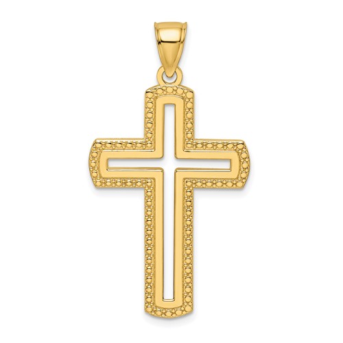 14k Yellow Gold Cut-out Cross Pendant With Beaded Border 1.5in