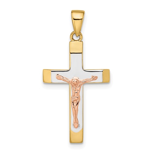 14k Yellow and Rose Gold Beveled Crucifix Pendant with Rhodium 1in