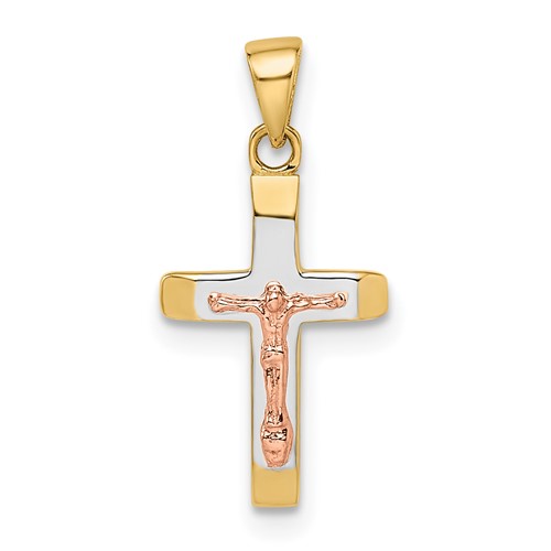 14k Yellow and Rose Gold Beveled Crucifix Charm with Rhodium 1/2in