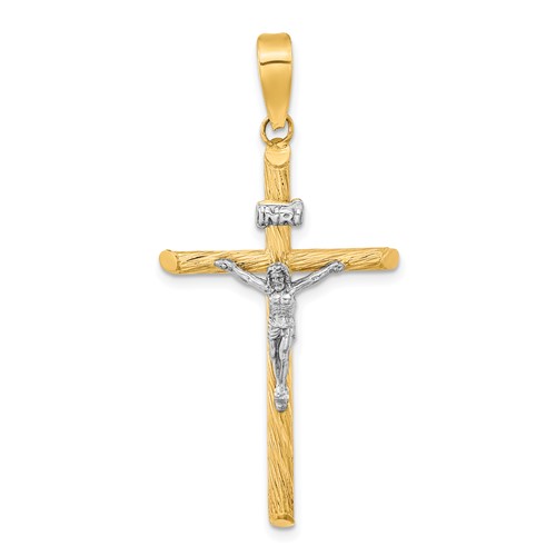 14k Yellow Gold and Rhodium Textured INRI Crucifix Pendant 1.5in