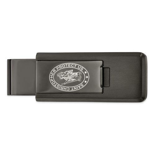 Black Ion-plated Stainless Steel St. Christopher Flip Money Clip