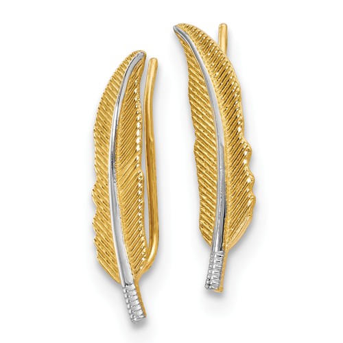 14k Yellow Gold Feather Ear Climber Earrings with Rhodium