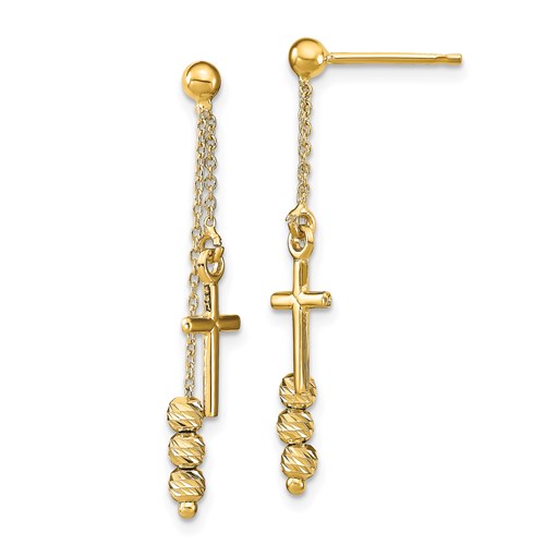 14k Yellow Gold Diamond-cut Cross with Beads Dangle Earrings