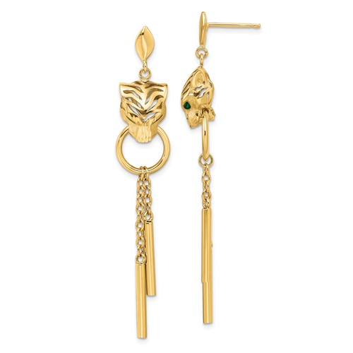 14k Yellow Gold Green Enamel Tiger Post Dangle Earrings
