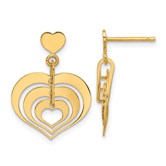 14k Yellow Gold Three Nested Heart Dangle Earrings