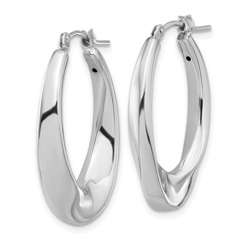14k White Gold Hollow Oval Twist Hoop Earrings 1in