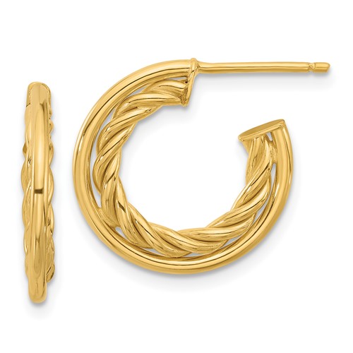 14k Yellow Gold Woven and Polished J-Hoop Earrings
