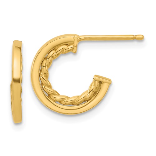 14k Yellow Gold Textured and Polished J Hoop Earrings 1/2in