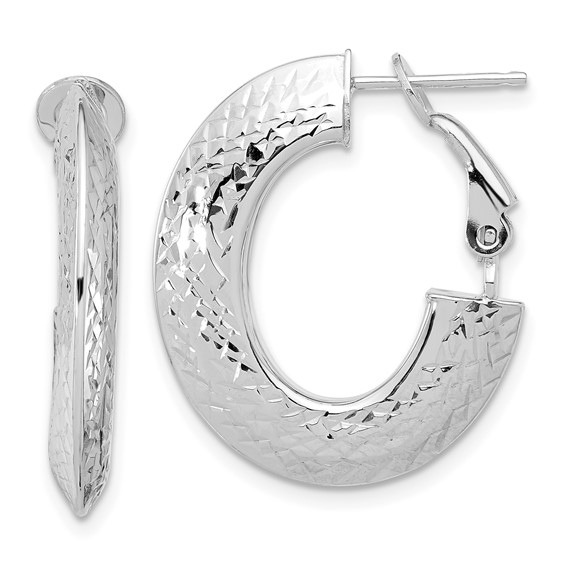 14k White Gold Diamond-cut Omega Back Hoop Earrings with Knife Edge 1in