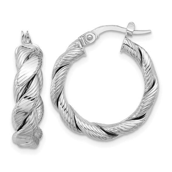 14k White Gold 3/4in Polished and Textured Twist Hoop Earrings 5mm Thick