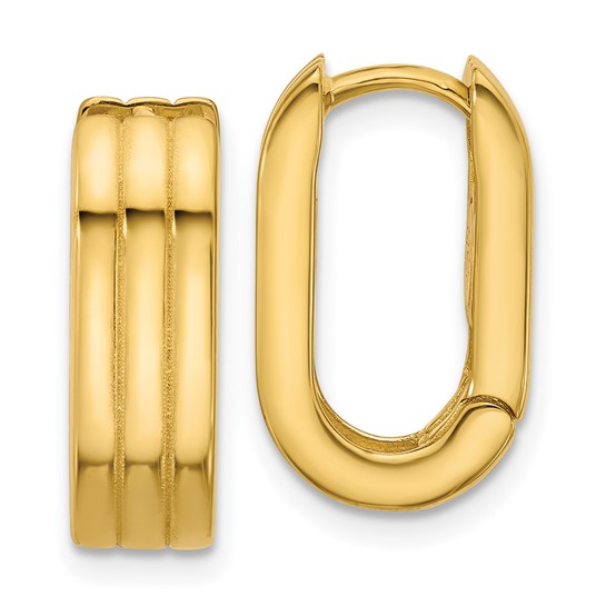 14k Yellow Gold Oval Hinged Huggie Hoop Earrings With Grooves