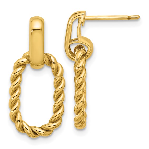 14k Yellow Gold Twisted Oval Link Dangle Post Earrings