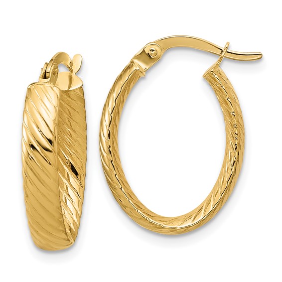 14k Yellow Gold Grooved Oval Hoop Earrings 7/8in