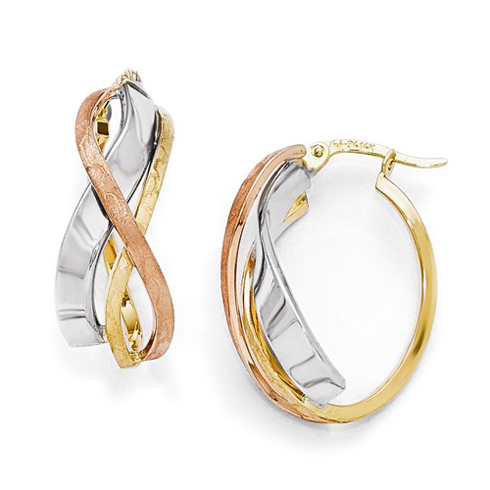 14kt Tri-Color Gold 1in Polished Brushed Oval Hoop Earrings