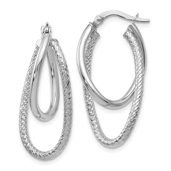 14kt White Gold 1 1/4in Italian Textured Polished Oval Hoop Earrings
