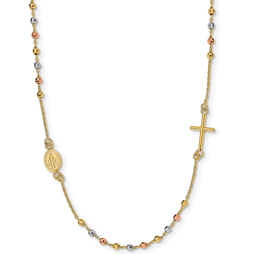 14k Tri-color Gold Rosary Sideways Cross Necklace