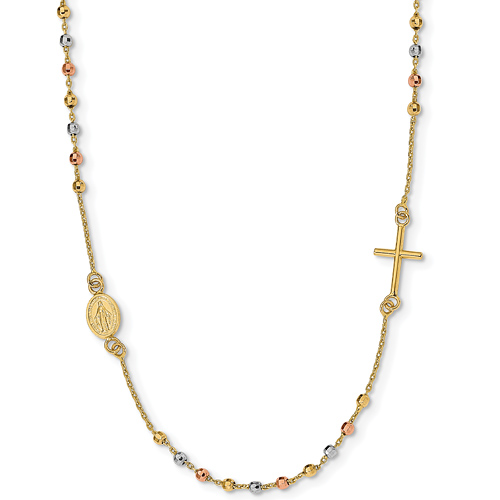 thumbnail image 2 of Trust Jewelry 14K Tri-Color Gold Cross Rosary Chain Necklace - 18 Inch Singapore Chain 2 of 6