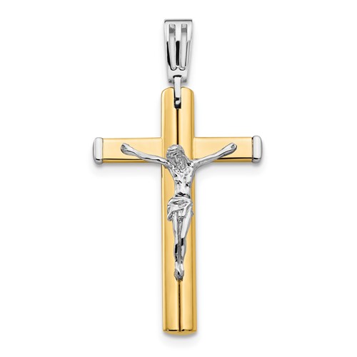 14K Two-tone Gold Block Crucifix Cross Pendant 1.5in