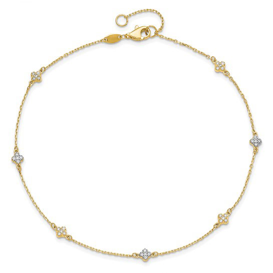 14k Yellow Gold 10in CZ Flower Anklet