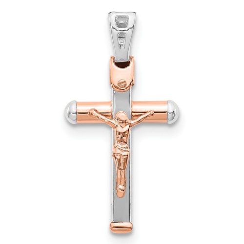 14k White and Rose Gold Crucifix Pendant with Round Ends 1in