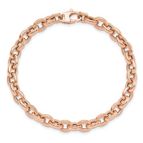 14k Rose Gold Polished and Textured Oval Link Bracelet 7.5in