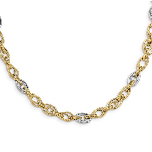 14k Yellow Gold and Rhodium Polished Textured Fancy Link Necklace 18in
