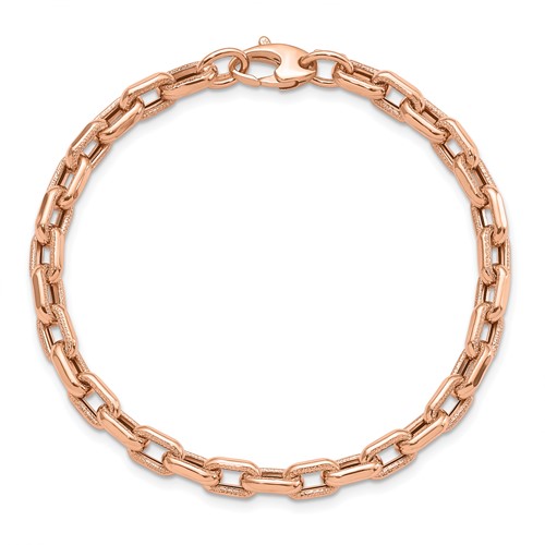 14k Rose Gold Polished and Textured Cable Link Bracelet 7.5in