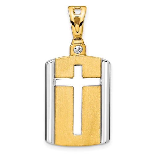 14k Two-tone Gold Brushed Cross Dog Tag Pendant 1in