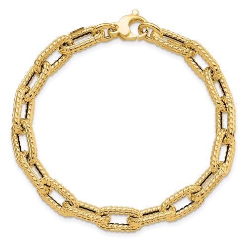 14k Yellow Gold Textured Hollow Long Link Bracelet 7.5in 