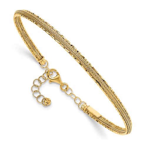 14k Yellow Gold Diamond-cut Textured Bangle Bracelet With Safety Chain
