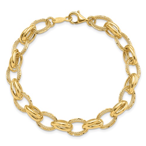 14k Yellow Gold Polished and Textured Oval Fancy Link Bracelet 7in