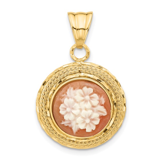 14k Yellow Gold Round Natural Shell Floral Cameo Pendant 3/4in