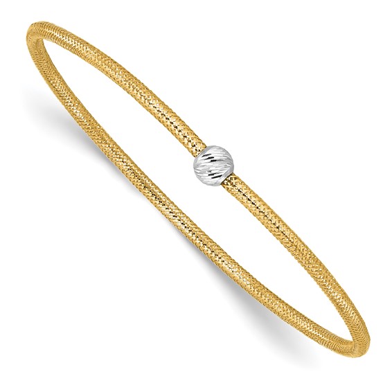 14k Two-tone Gold Stretch Bracelet with Diamond-cut Bead Accent