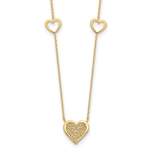 14k Yellow Gold Filigree and Open Heart Station Necklace 17in