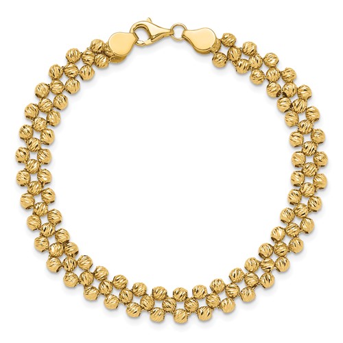 14k Yellow Gold Three Row Diamond-cut Bead Link Bracelet 7.5in
