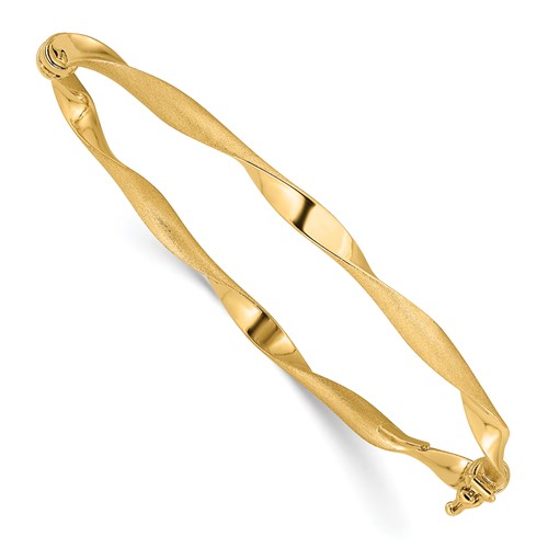 14k Yellow Gold Twisted Wavy Hinged Bangle Bracelet With Polished and Brushed Finish