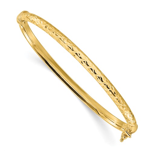 14k Yellow Gold  Diamond-cut Hinged Bangle Bracelet With Polished Finish