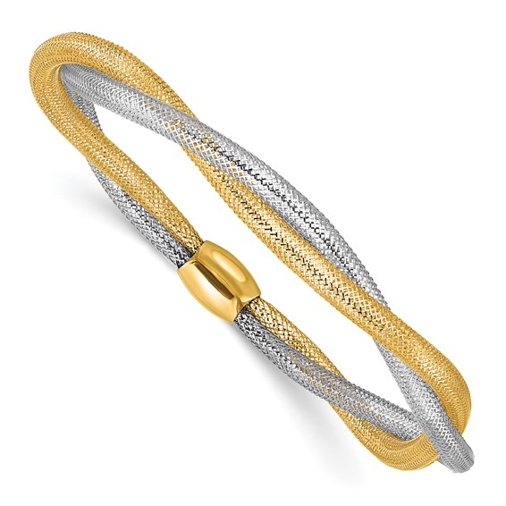 14k Two-tone Gold Mesh Twist Slip-on Stretch Bracelet
