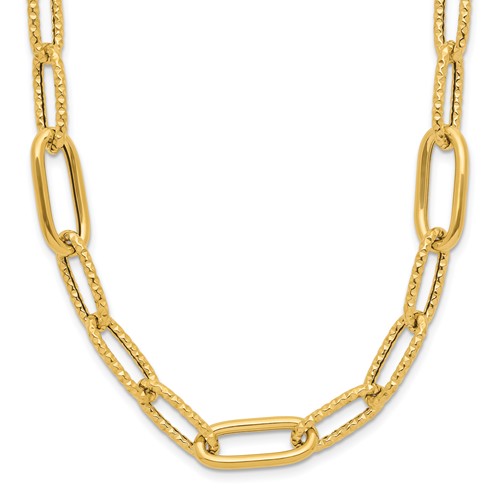 14k Yellow Gold Polished and Textured Chunky Paper Clip Link Necklace