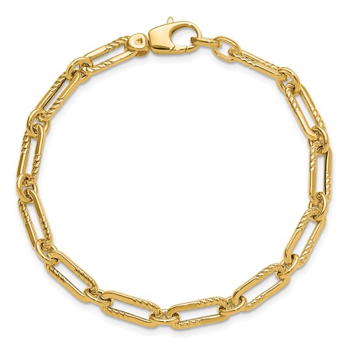14k Yellow Gold Textured and Polished Oval Paper Clip Link Bracelet 7in