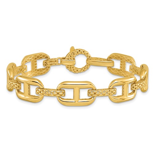 14k Yellow Gold Polished Mariner and Textured Round Link Bracelet