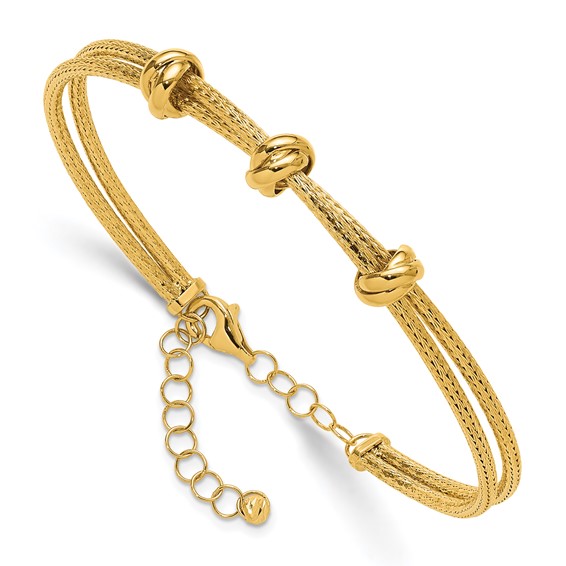 14k Yellow Gold Woven Adjustable Bangle Bracelet With Three Knot Accents