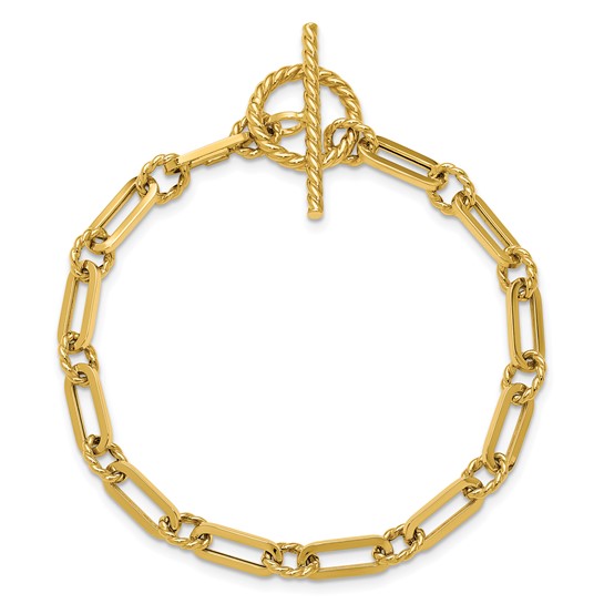 14k Yellow Gold Polished Long and Round Twisted Link Toggle Bracelet